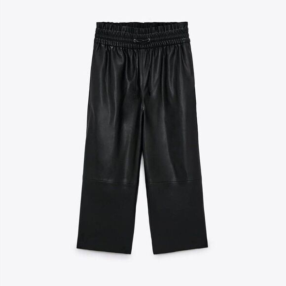 Zara Pants - 🆕 Zara Faux Leather Wide Pleated Elastic Belted Waist Culottes in Black